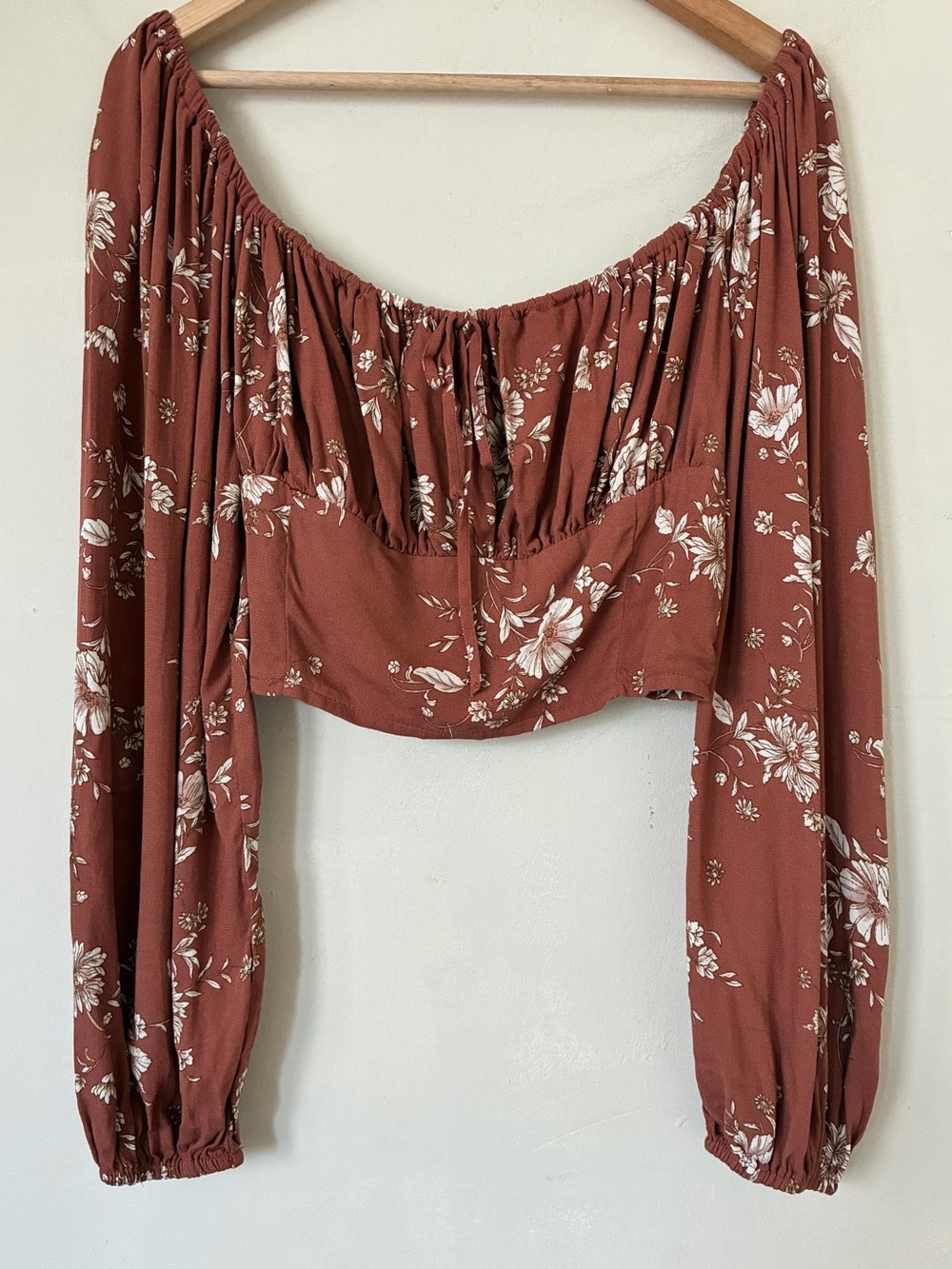 Altar'd State Floral Smocked Crop Top Rust Terracotta Boho Balloon Sleeve Large